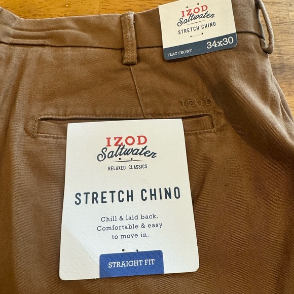 Izod Saltwater Stretch Chino 4 Pocket Pants Men's Brown 34 x 30 NEW With Tags - Picture 8 of 8